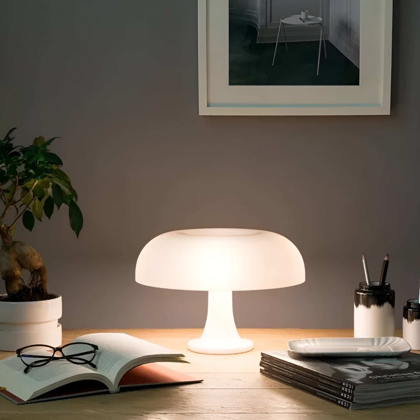 Sunrise LED-Pilz-Tischlampe, Retro-Design Dekorative Tischlampe aus Metall und Glas Wohnzimmer-Beleuchtung