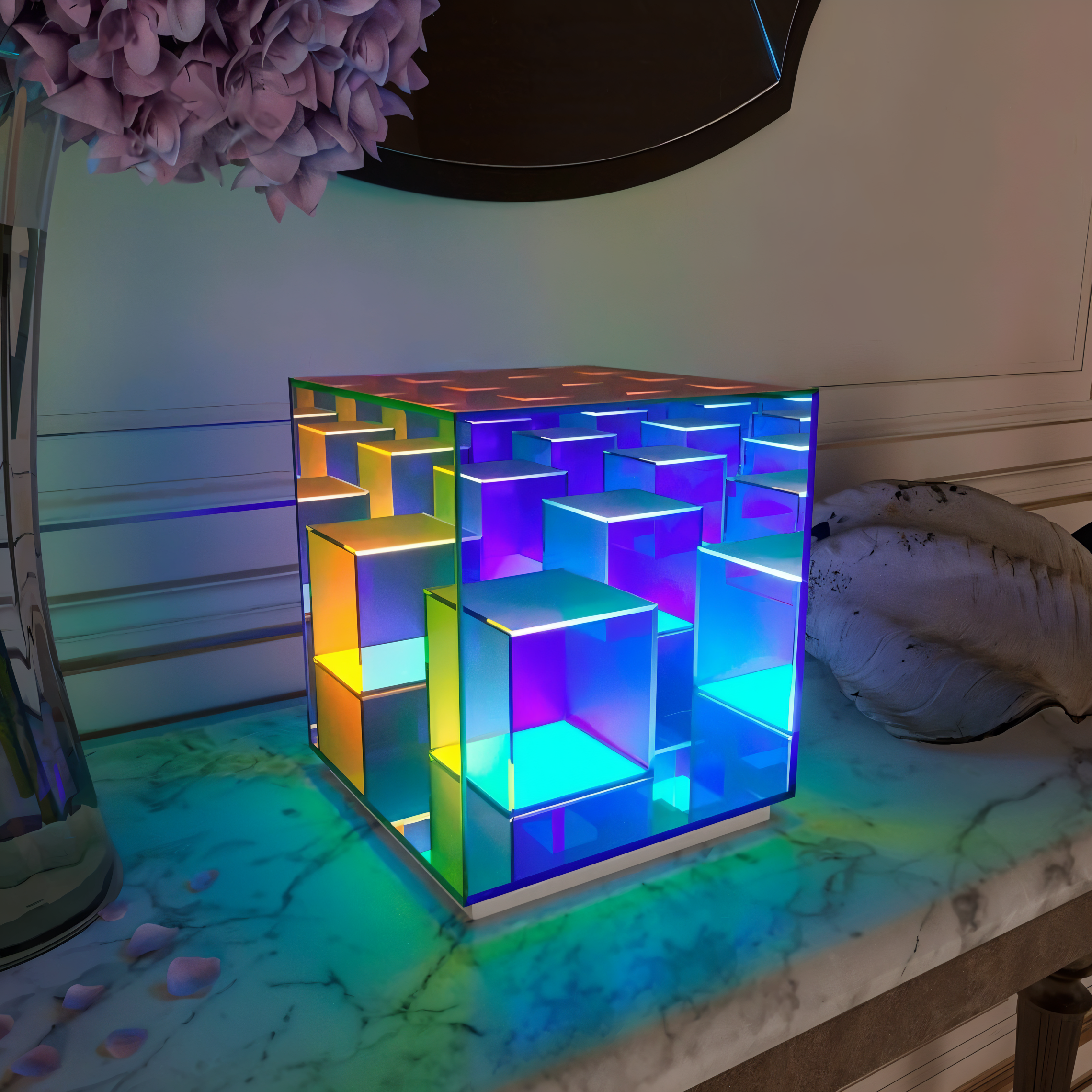 Cube Tischlampe - Regenbogen Acryl LED Lampe mit 3D Illusion