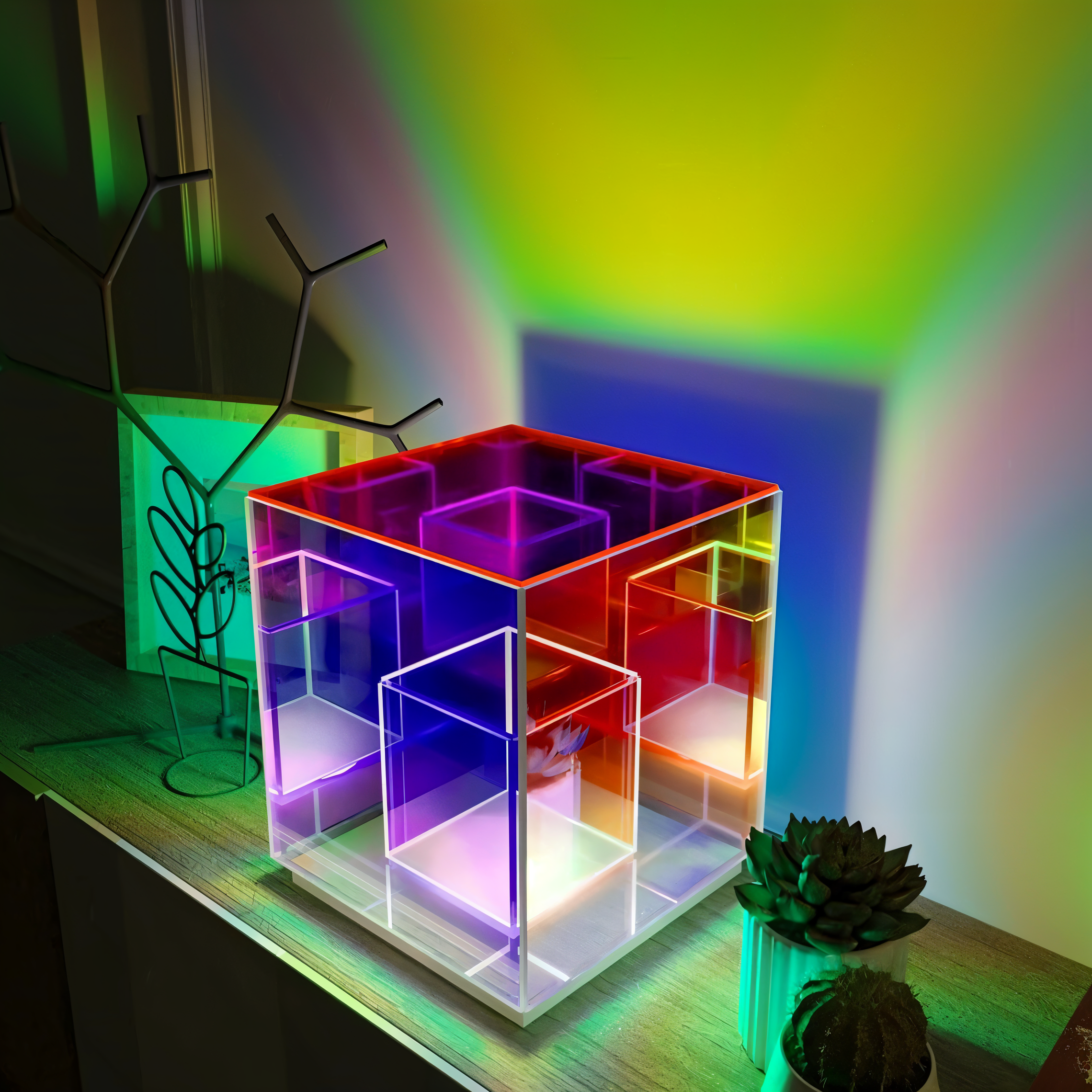 Cube Tischlampe - Regenbogen Acryl LED Lampe mit 3D Illusion