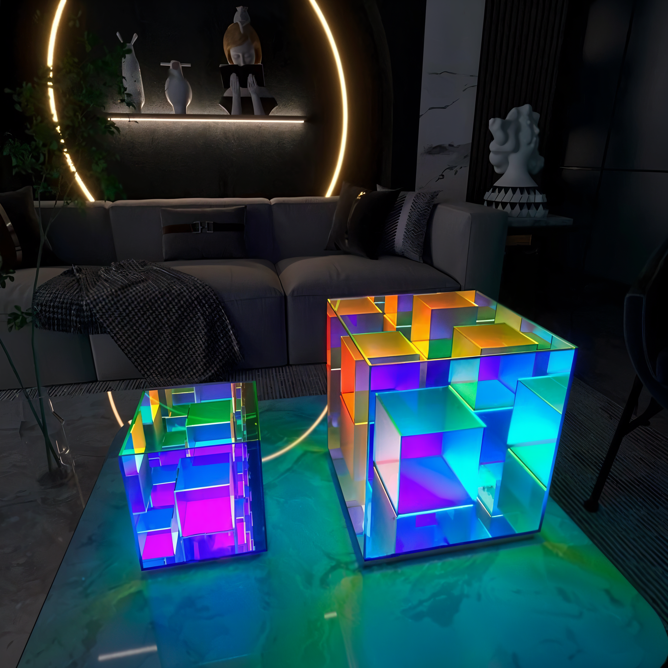 Cube Tischlampe - Regenbogen Acryl LED Lampe mit 3D Illusion