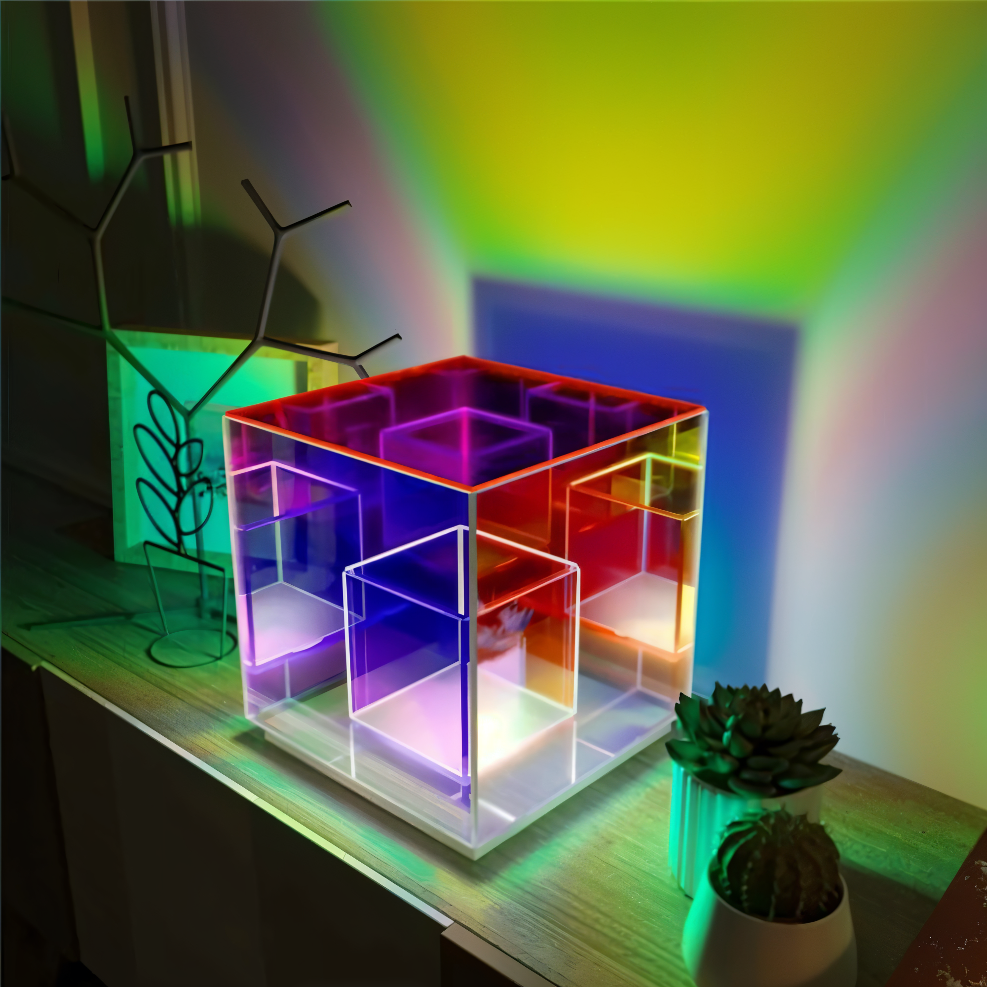Cube Tischlampe - Regenbogen Acryl LED Lampe mit 3D Illusion