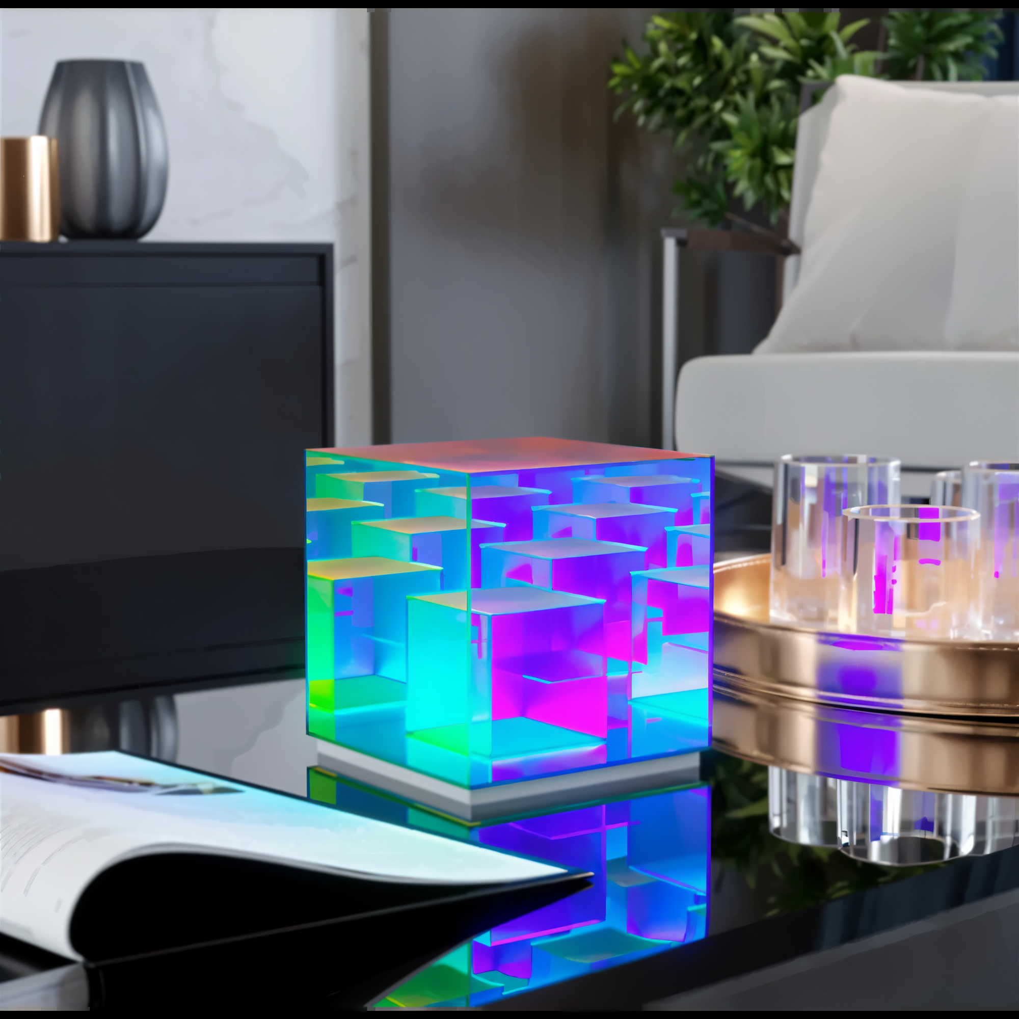 Cube Tischlampe - Regenbogen Acryl LED Lampe mit 3D Illusion