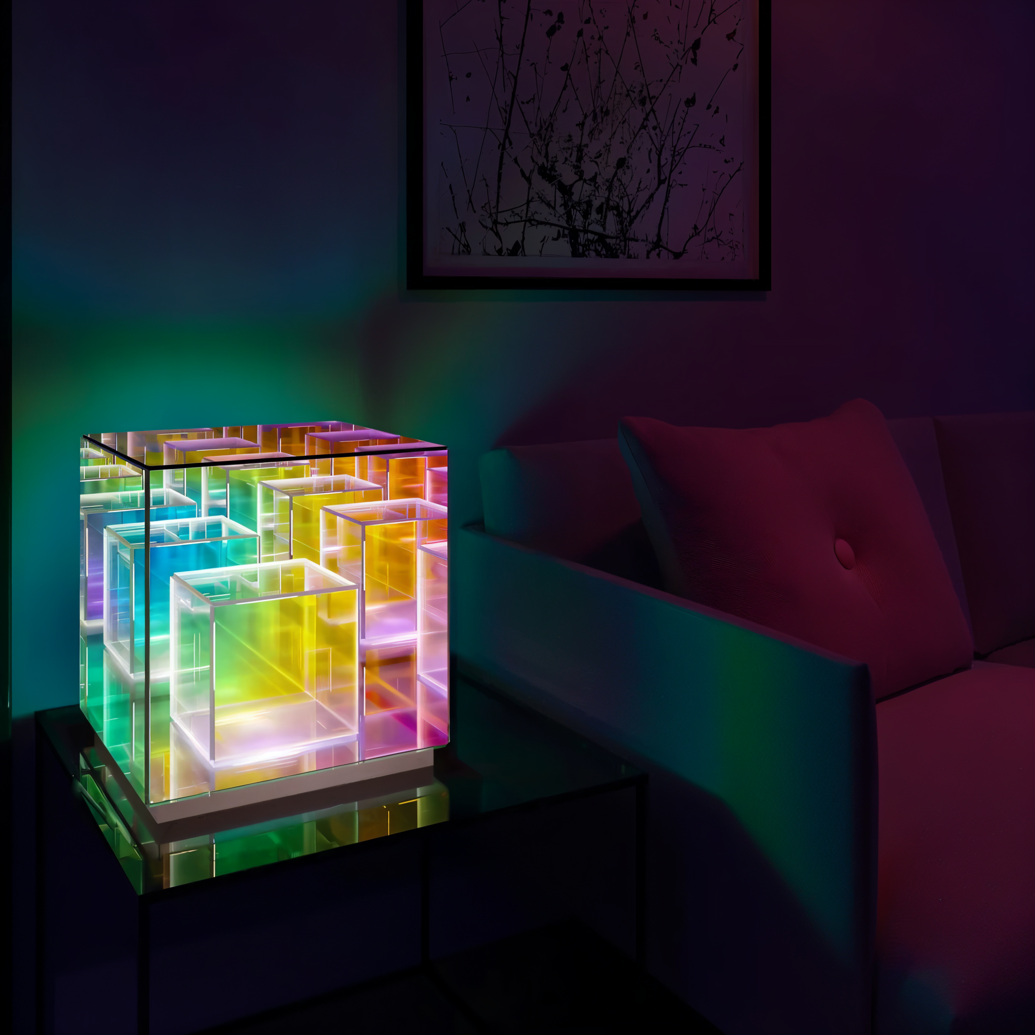 Cube Tischlampe - Regenbogen Acryl LED Lampe mit 3D Illusion